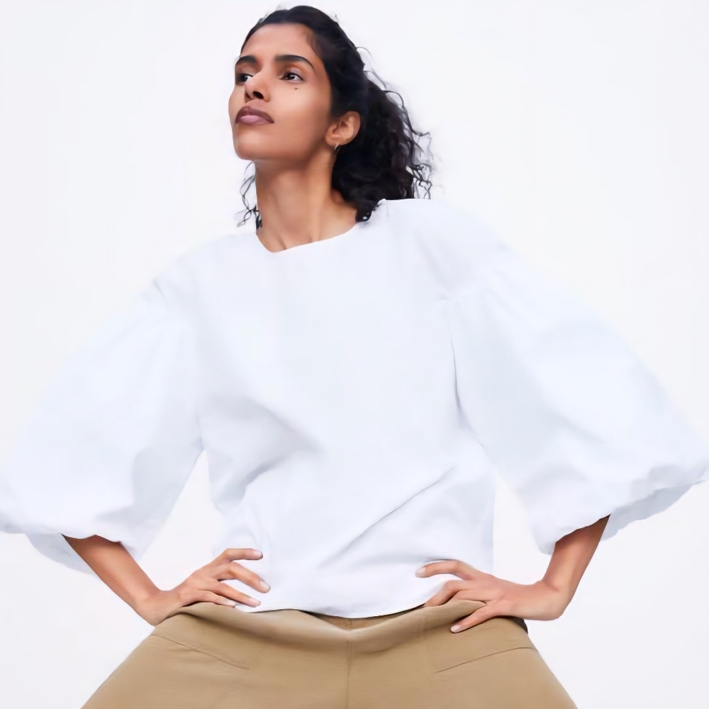 Zara White Cotton Blouse XS Balloon Puff Sleeve Summer Relaxed Boho Top